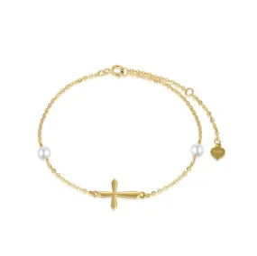 14k Gold Cross Anklets for Women, Real Pearl Religious Ankle Bracelet Gifts for Her, 9.4+0.8+0.8