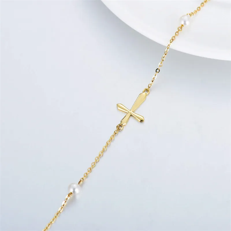 14k Gold Cross Anklets for Women, Real Pearl Religious Ankle Bracelet Gifts for Her, 9.4+0.8+0.8