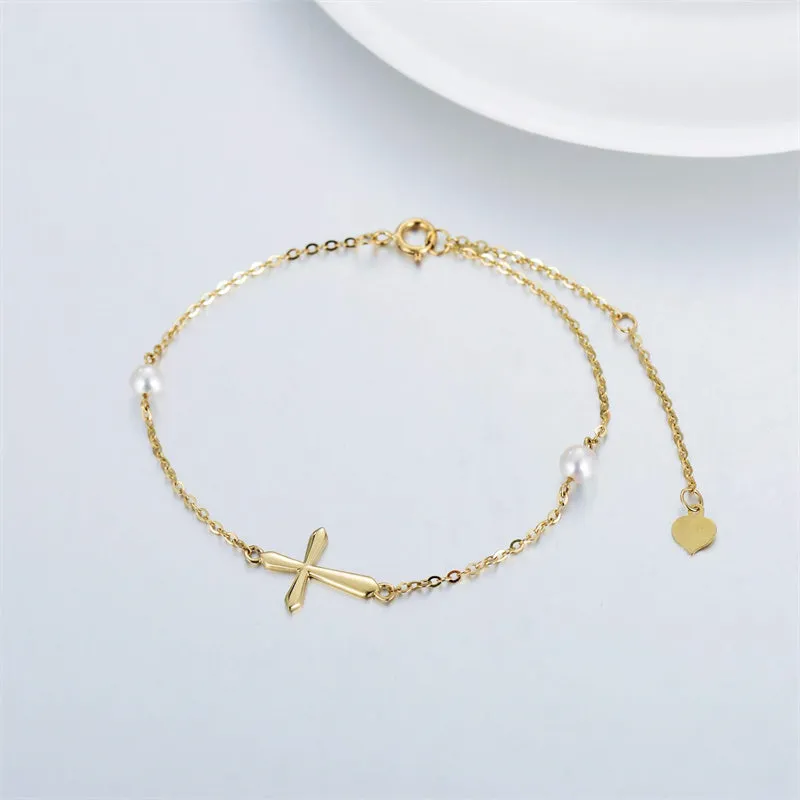 14k Gold Cross Anklets for Women, Real Pearl Religious Ankle Bracelet Gifts for Her, 9.4+0.8+0.8