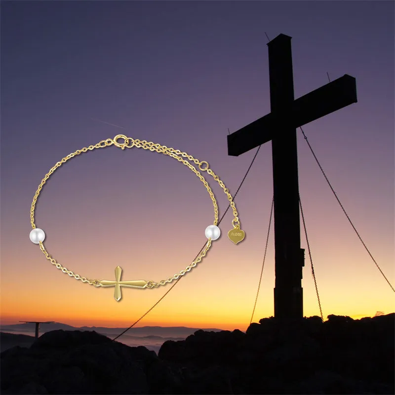 14k Gold Cross Anklets for Women, Real Pearl Religious Ankle Bracelet Gifts for Her, 9.4+0.8+0.8