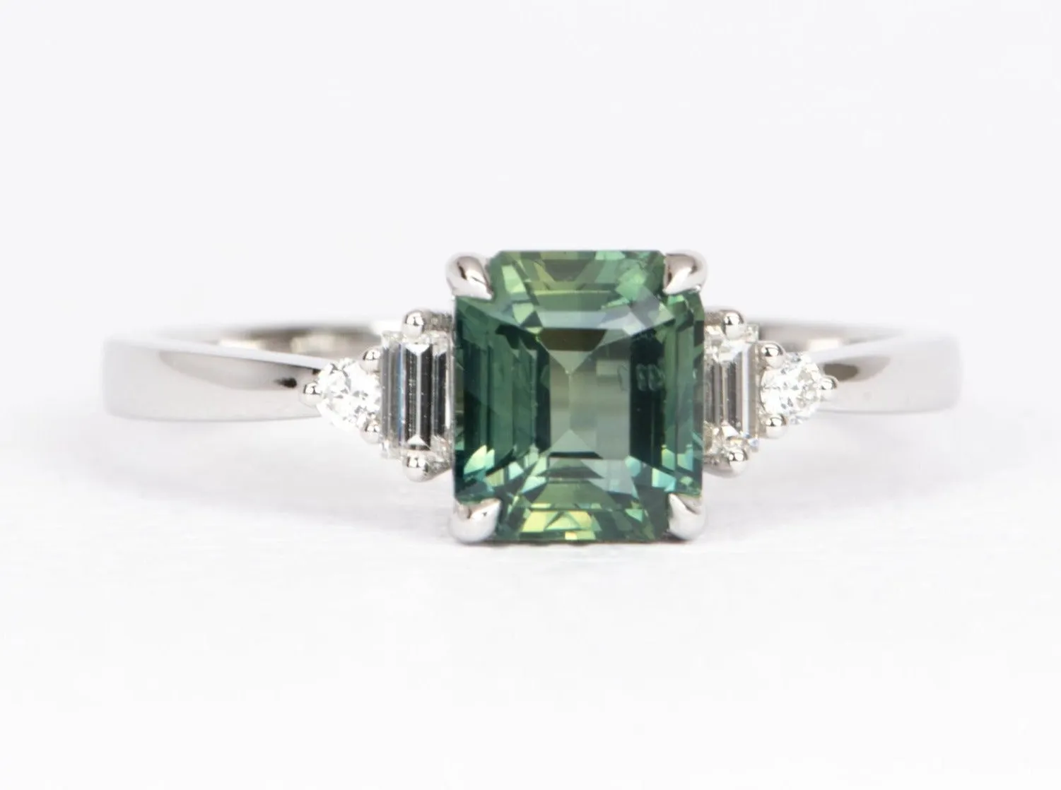 1.69ct Teal Sapphire with Baguette Diamond Sides 14K White Gold Engagement Ring R6469