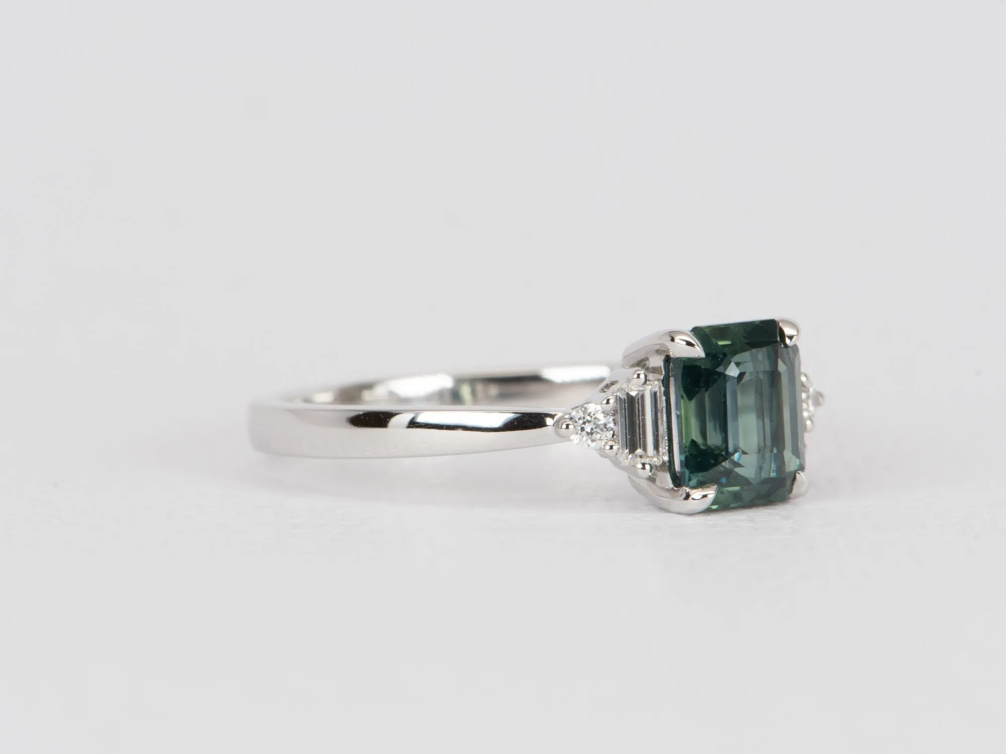 1.69ct Teal Sapphire with Baguette Diamond Sides 14K White Gold Engagement Ring R6469