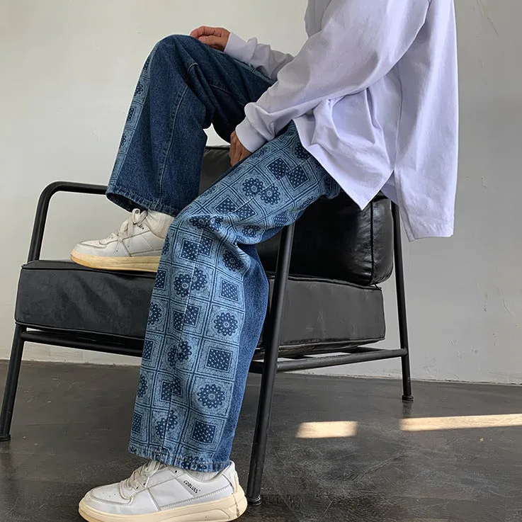 BANDANA PRINTED TWO-TONE STRAIGT LEG JEANS