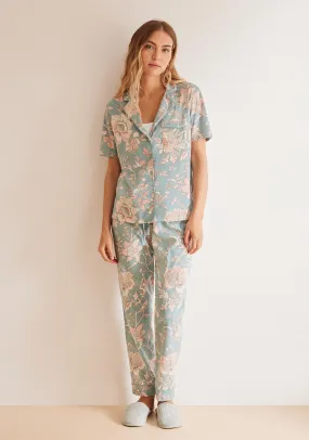 Blue floral 100% cotton classic pyjamas - Blue