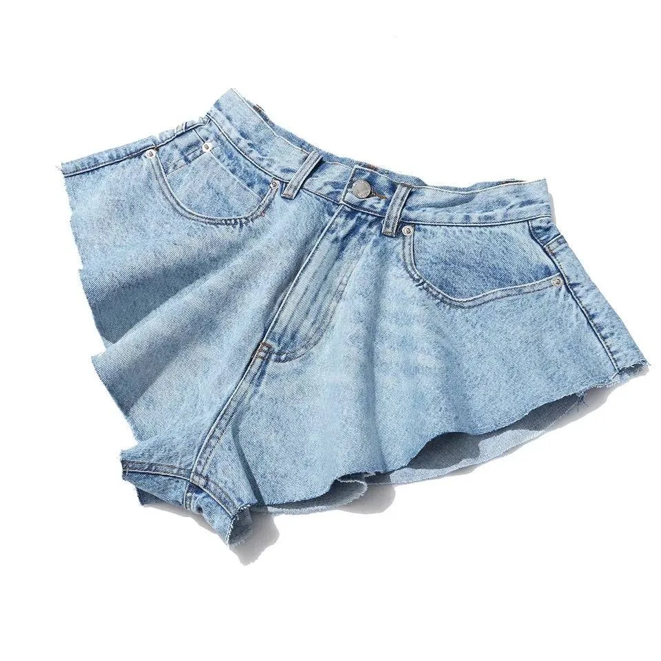 Blue Raw Edge Flared Denim Shorts