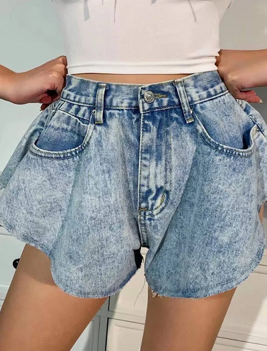 Blue Raw Edge Flared Denim Shorts