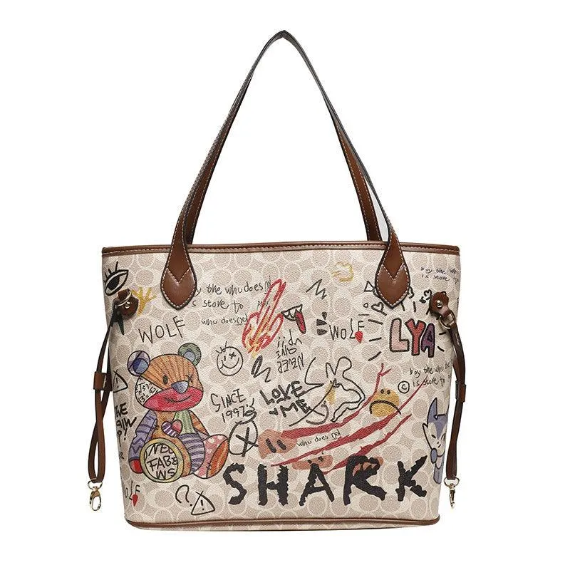 Cartoon bear soft leather graffiti printing tote bag