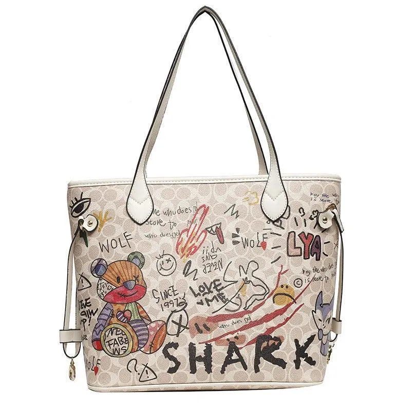 Cartoon bear soft leather graffiti printing tote bag