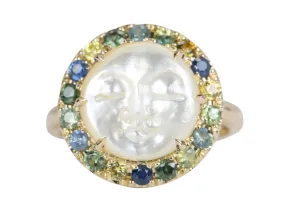 Carved Mother of Pearl Moon Face Disk Ring with Teal Sapphire Gemstone Halo 9K Gold R6367