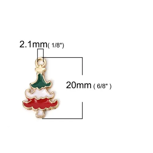 Charms, Christmas Tree With Star, Gold Plated, Single-Sided, Red, White, Green, Enamel, 20x12mm