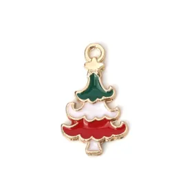 Charms, Christmas Tree With Star, Gold Plated, Single-Sided, Red, White, Green, Enamel, 20x12mm