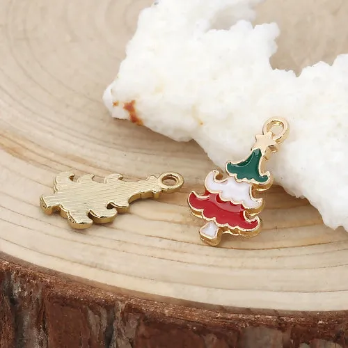 Charms, Christmas Tree With Star, Gold Plated, Single-Sided, Red, White, Green, Enamel, 20x12mm