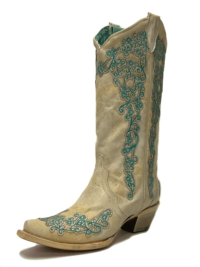 Corral A4368 Ladies Overlay And Embroidery Glitter Snip Toe Boots Bone