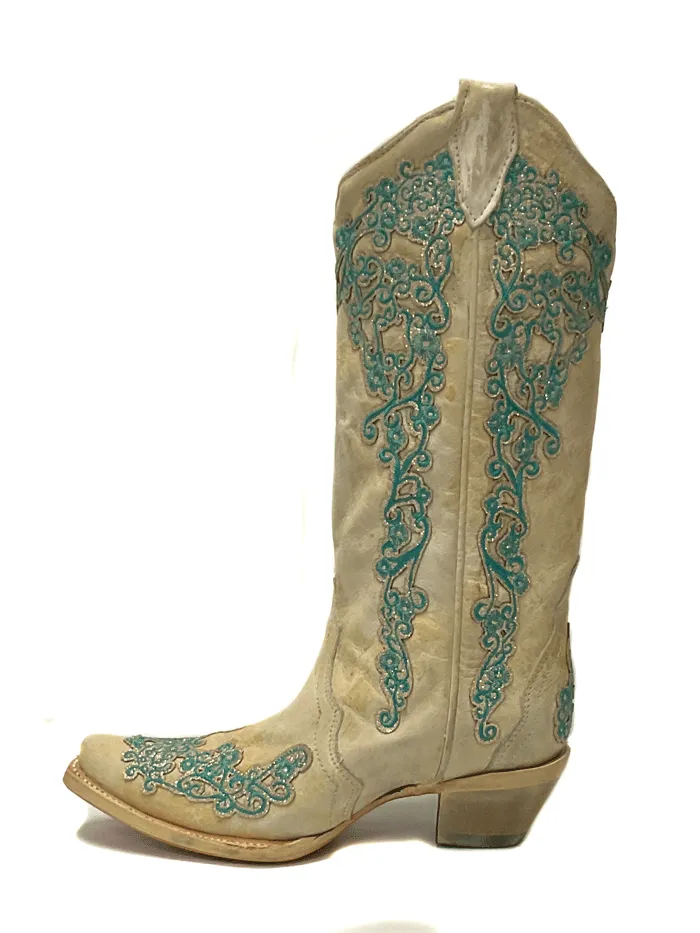 Corral A4368 Ladies Overlay And Embroidery Glitter Snip Toe Boots Bone