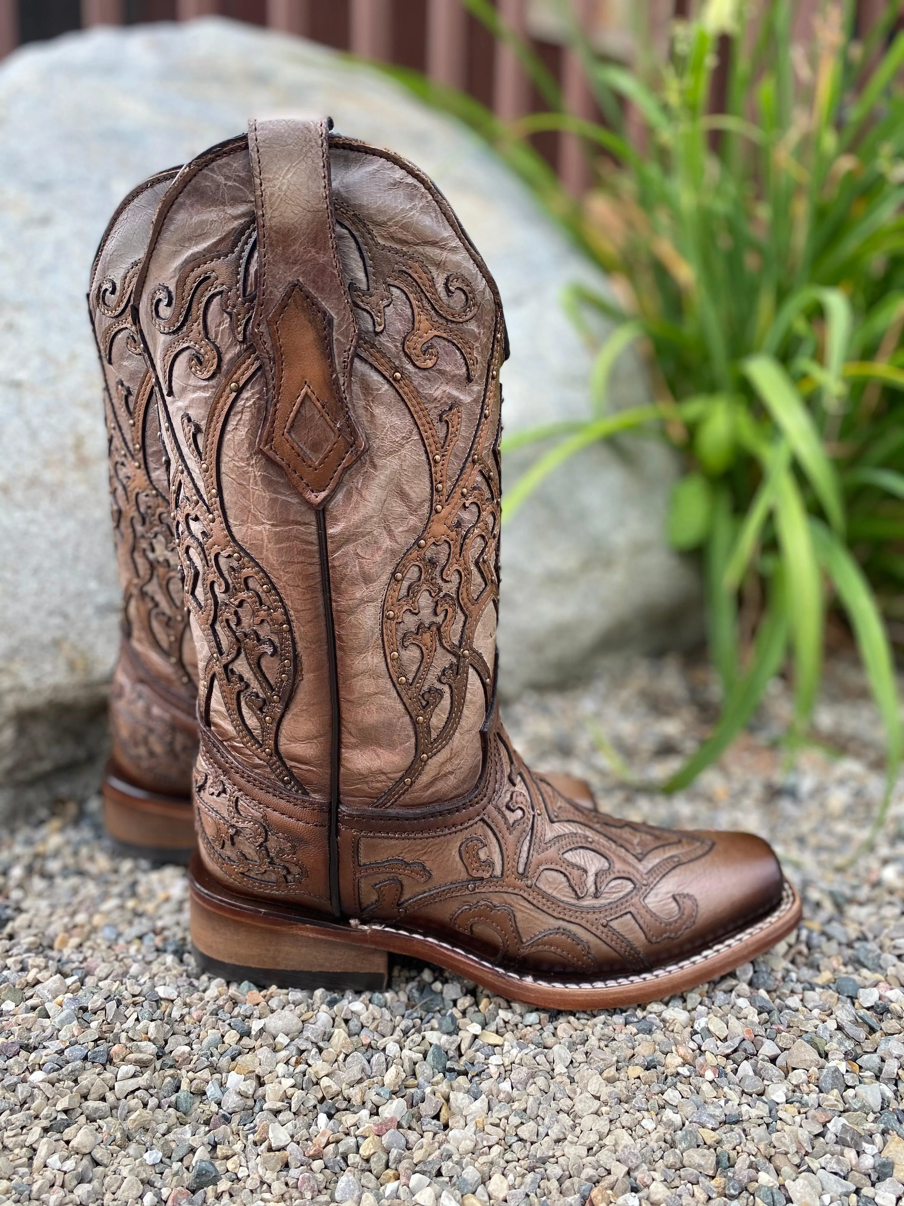 Corral Women's Tan Overlay Square Toe Cowgirl Boots C3769