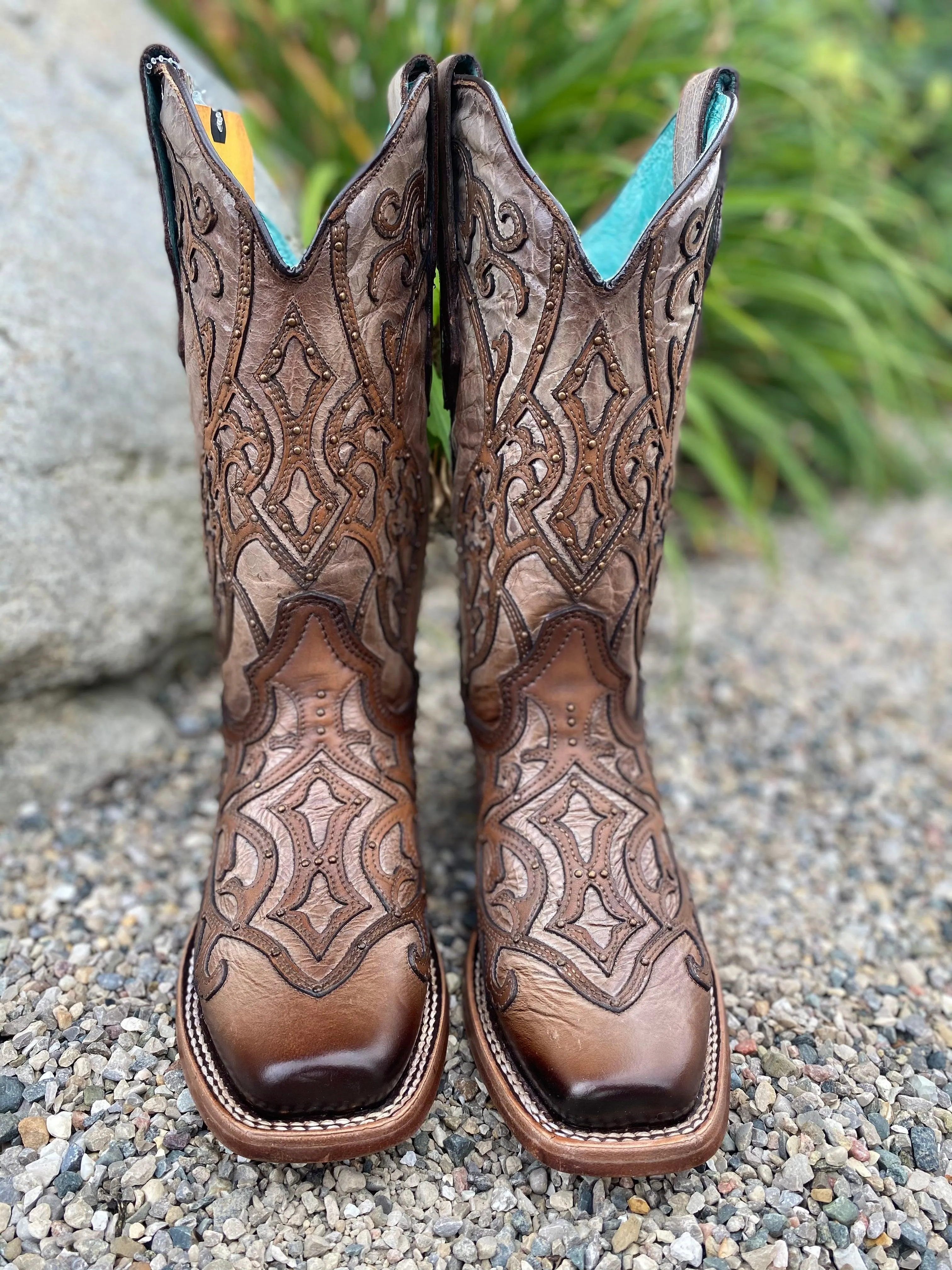 Corral Women's Tan Overlay Square Toe Cowgirl Boots C3769