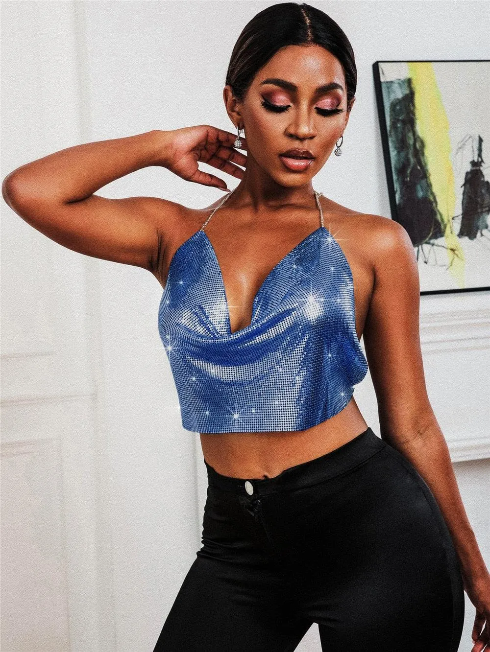 Cropped Glitter Sequin V-Neck Backless Halter Top