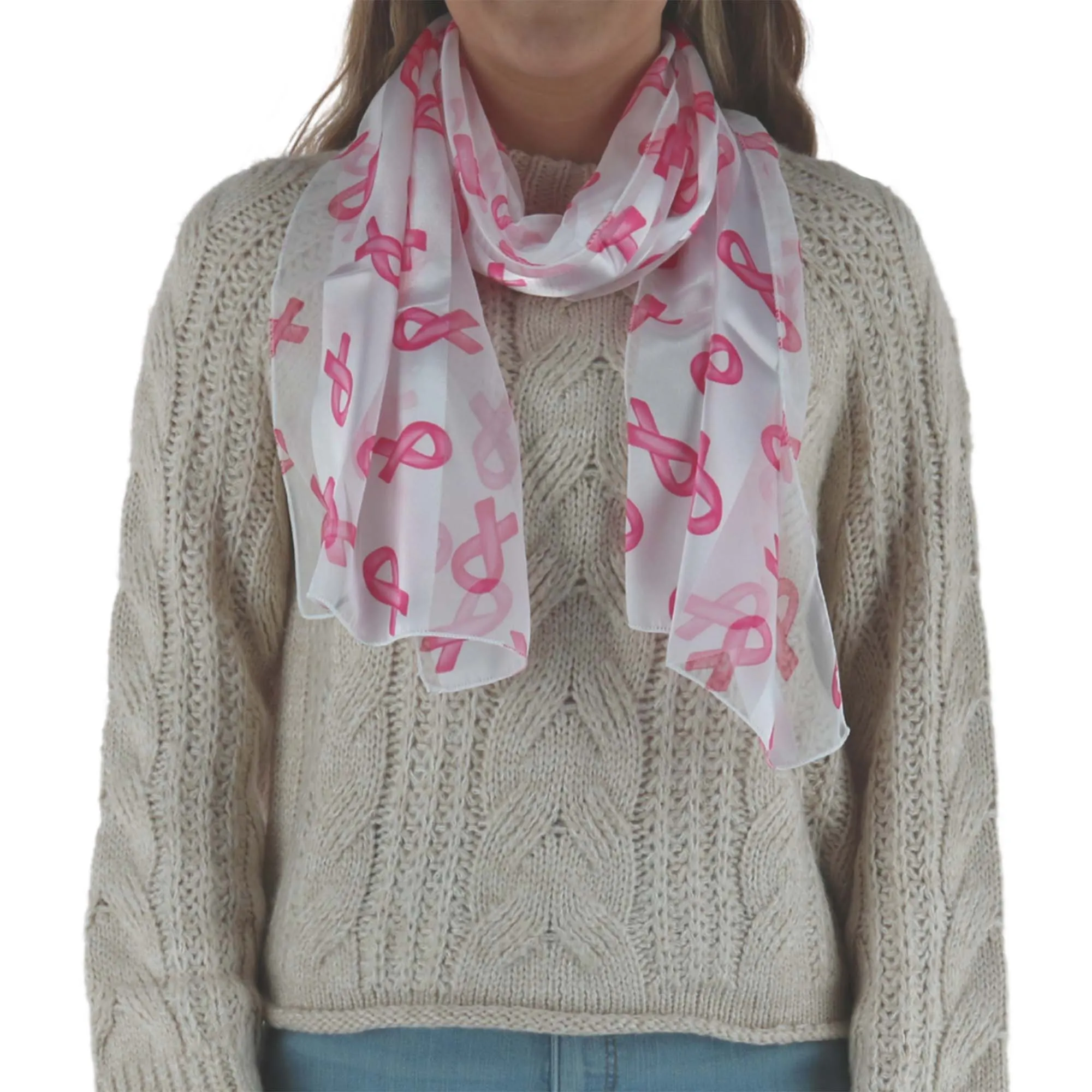 CTM Women's Breast Cancer Ribbon Print Lightweight Scarf