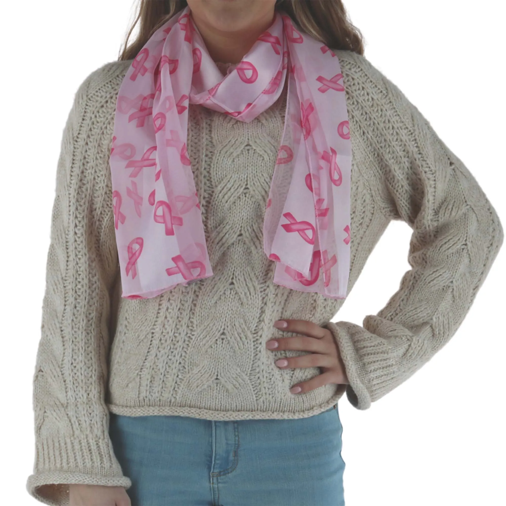 CTM Women's Breast Cancer Ribbon Print Lightweight Scarf