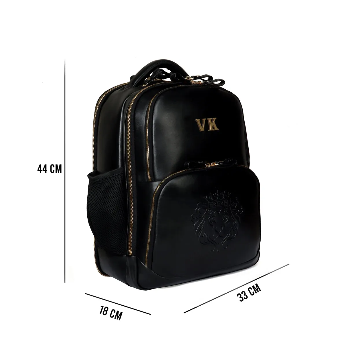 Customized Initial Embossed Lion Black Leather Multi-Pocket Backpack By Brune & Bareskin