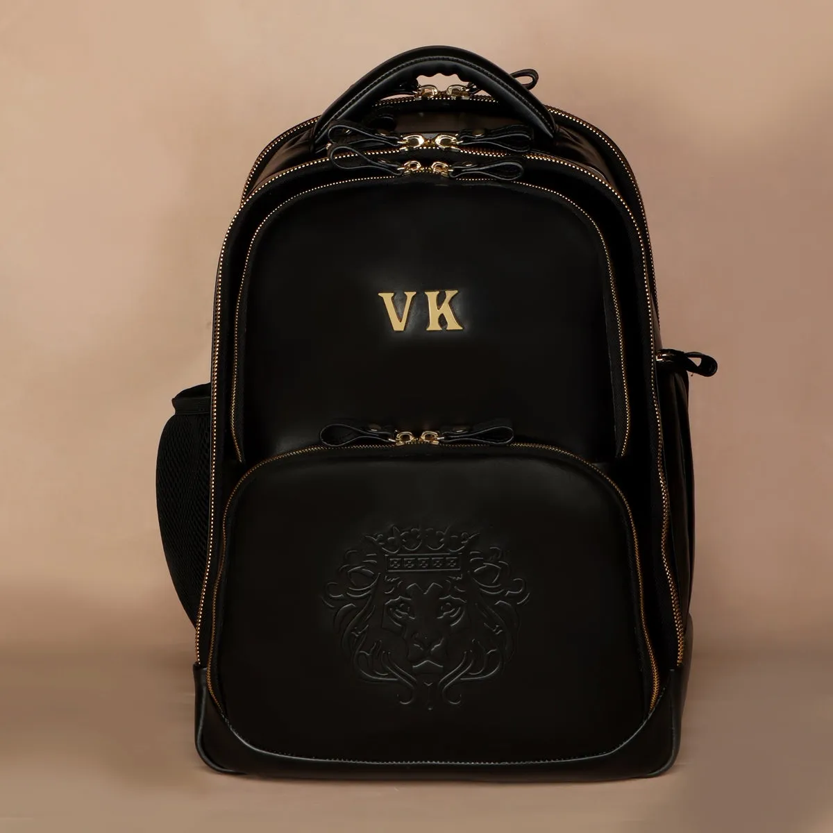 Customized Initial Embossed Lion Black Leather Multi-Pocket Backpack By Brune & Bareskin