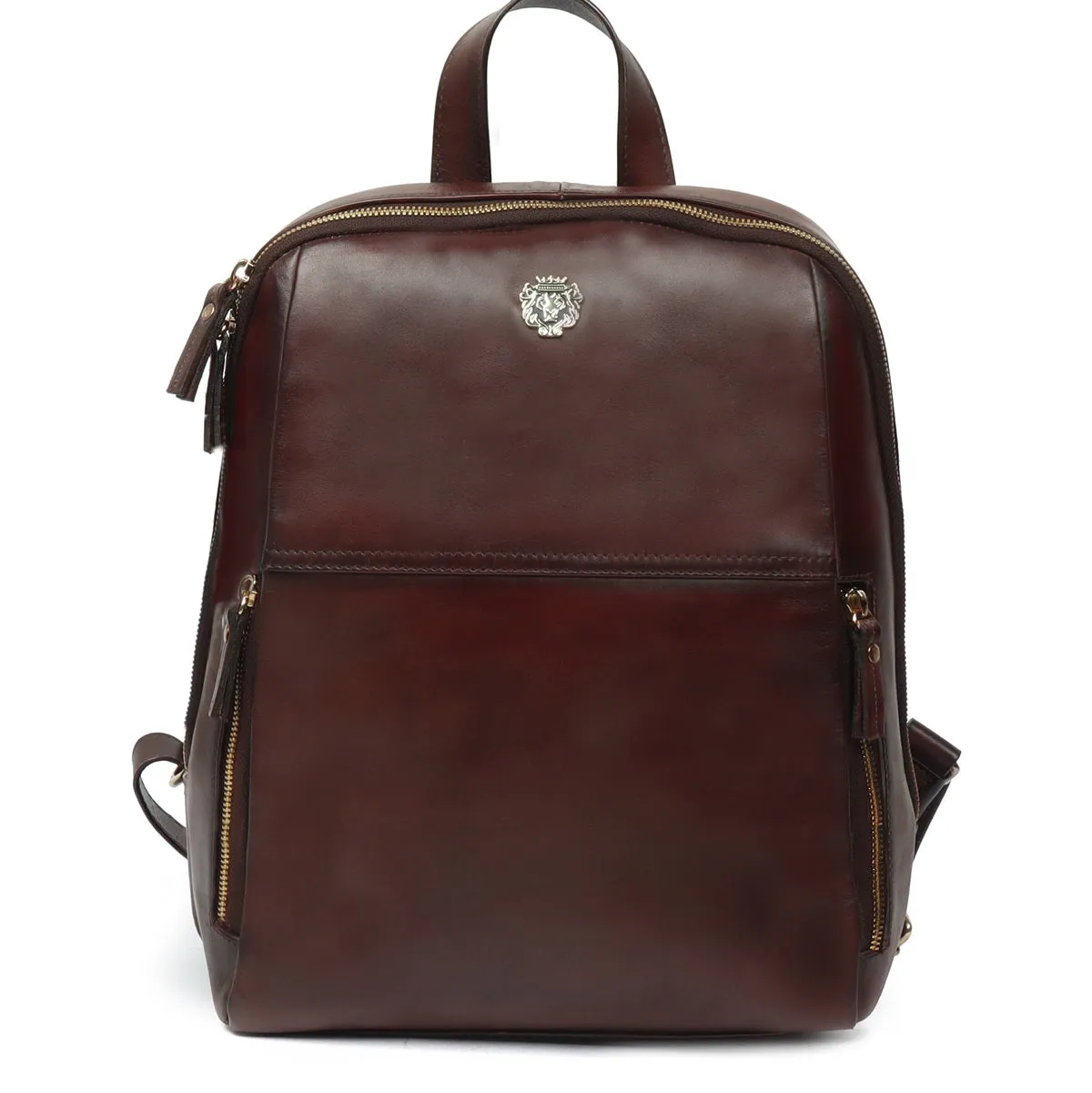 Dark Brown Leather Signature Metal Lion Women Backpack By BRUNE & BARESKIN