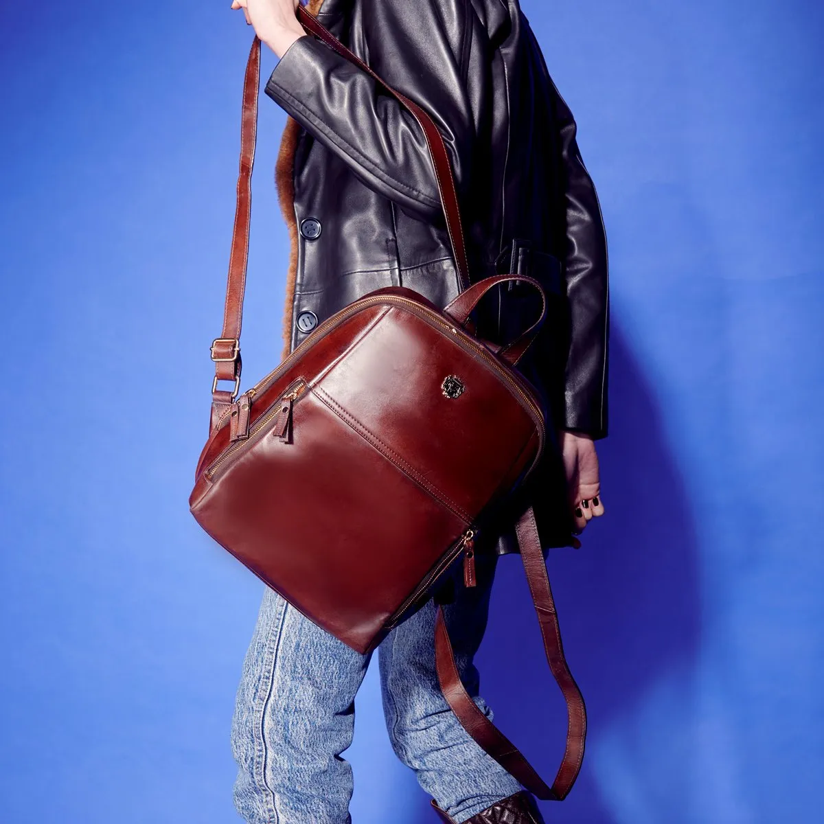 Dark Brown Leather Signature Metal Lion Women Backpack By BRUNE & BARESKIN