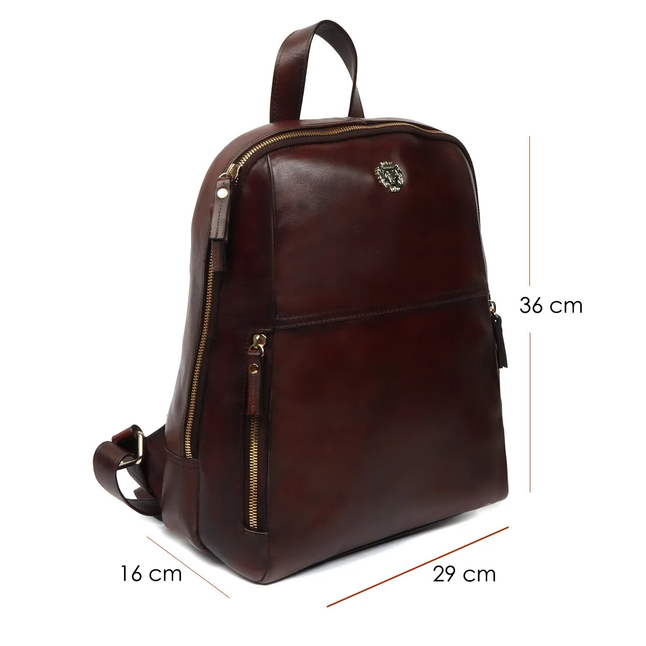 Dark Brown Leather Signature Metal Lion Women Backpack By BRUNE & BARESKIN