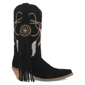 Day Dream Black Suede Embroidered Dreamcatcher Fringe Booties (DS)