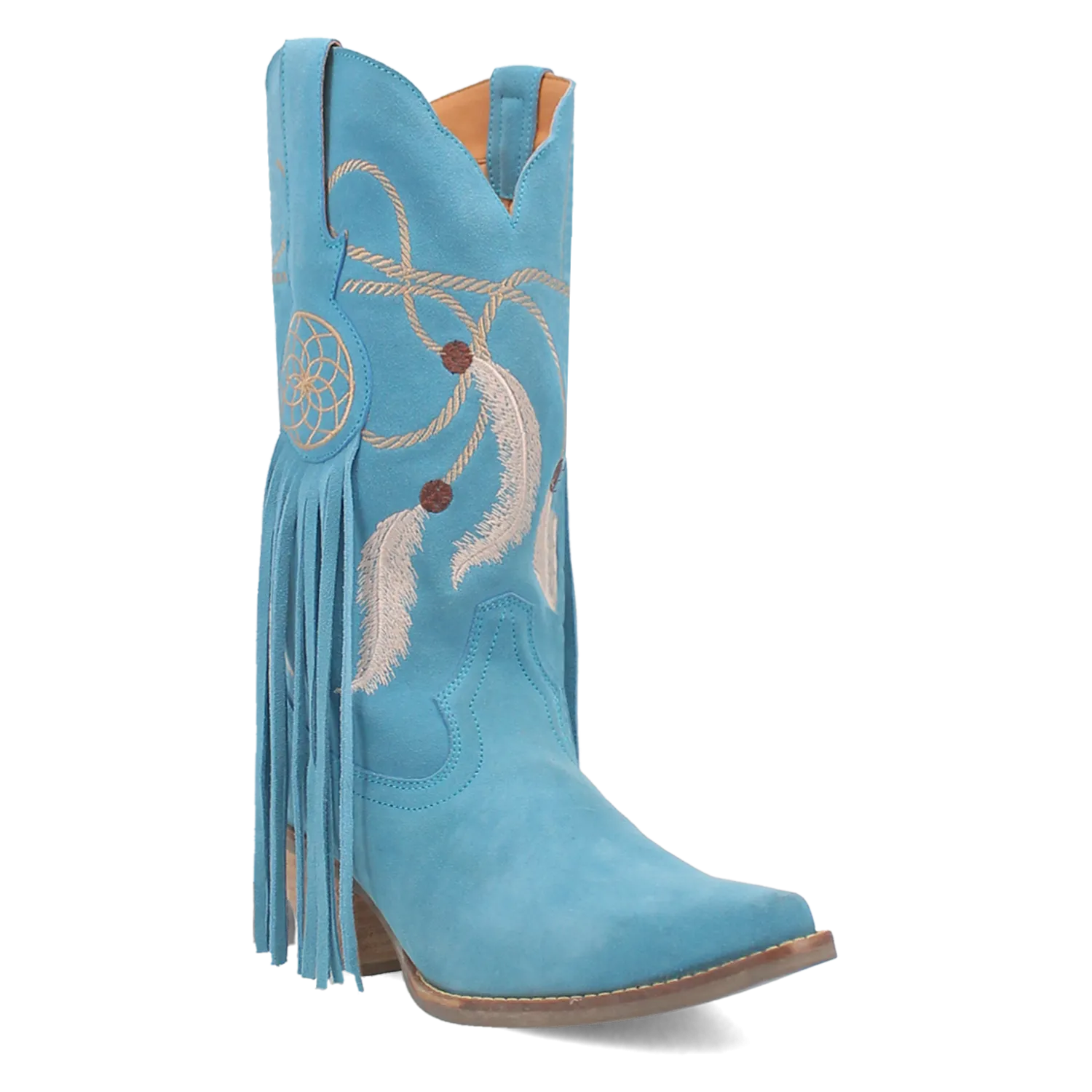 Day Dream Turquoise Blue Suede Embroidered Dreamcatcher Fringe Booties (DS)