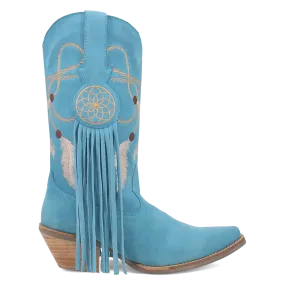 Day Dream Turquoise Blue Suede Embroidered Dreamcatcher Fringe Booties (DS)