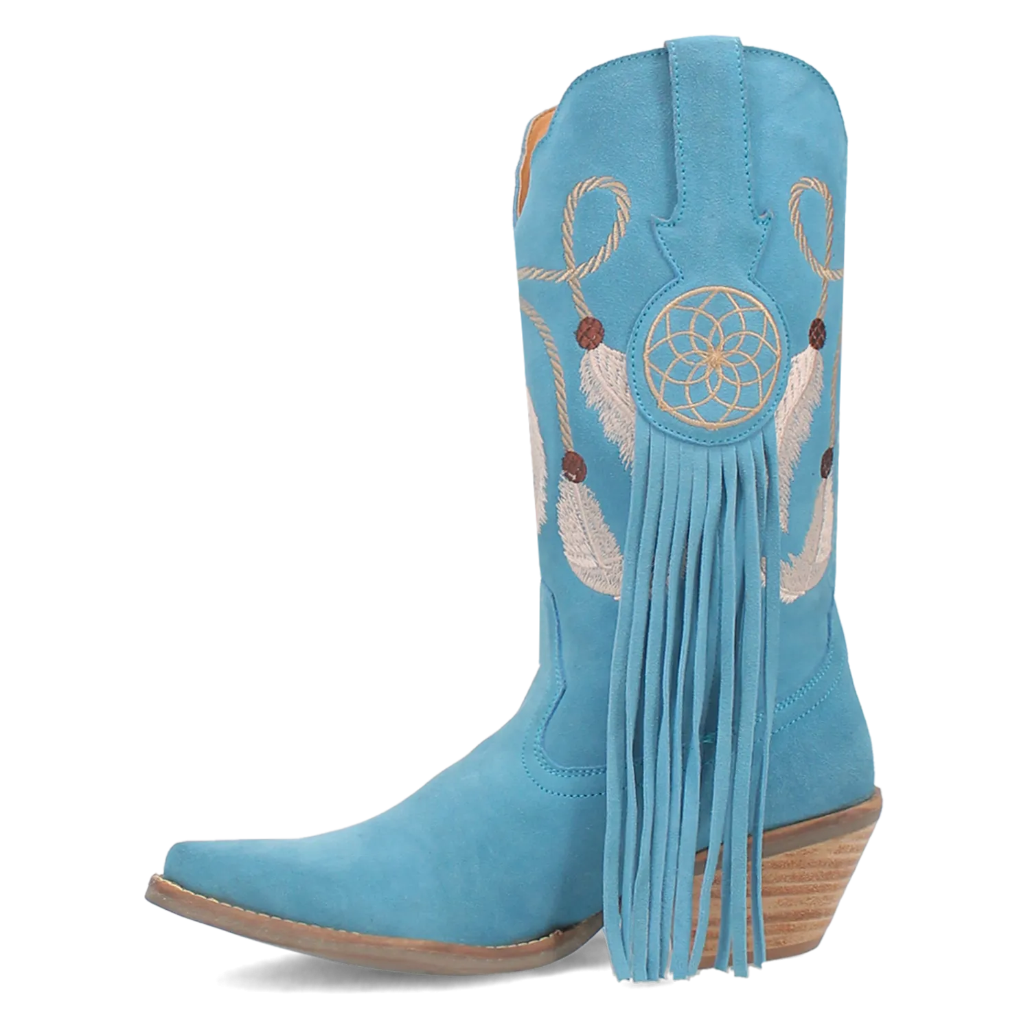 Day Dream Turquoise Blue Suede Embroidered Dreamcatcher Fringe Booties (DS)