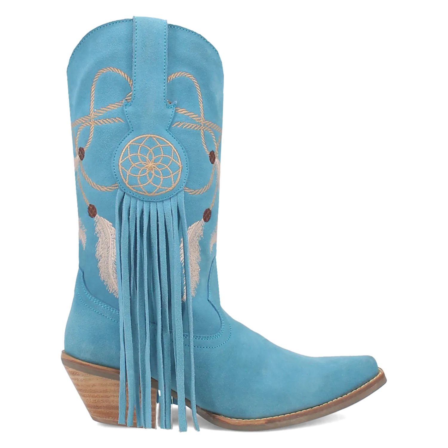 Day Dream Turquoise Blue Suede Embroidered Dreamcatcher Fringe Booties (DS)