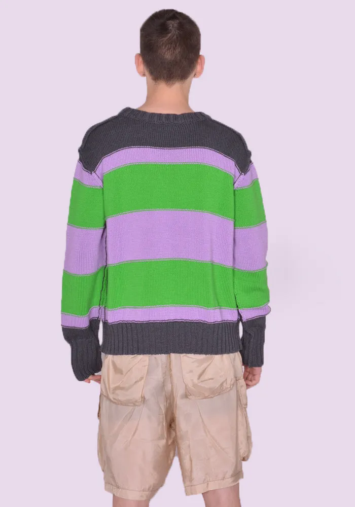 EDWARD CUMING SS23-K01A MISSED CONNECTION KNIT SWEATER GREY/PURPLE/GREEN