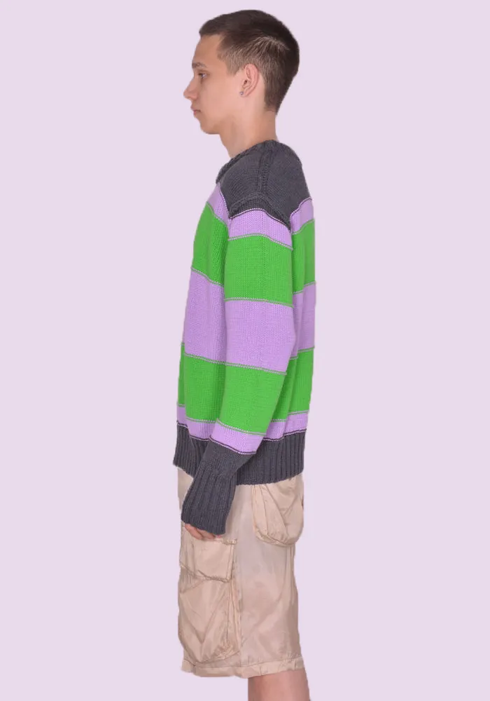 EDWARD CUMING SS23-K01A MISSED CONNECTION KNIT SWEATER GREY/PURPLE/GREEN