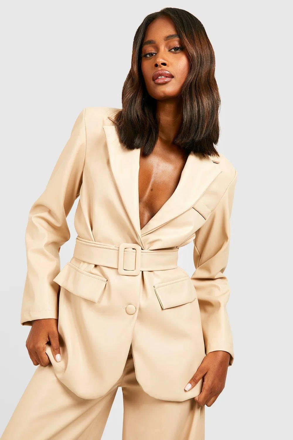 Faux Leather Belted Oversized Tailored Blazer