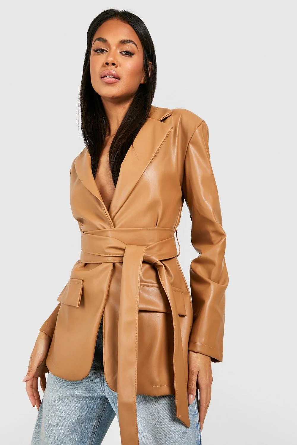 Faux Leather Obi Tie Waist Blazer