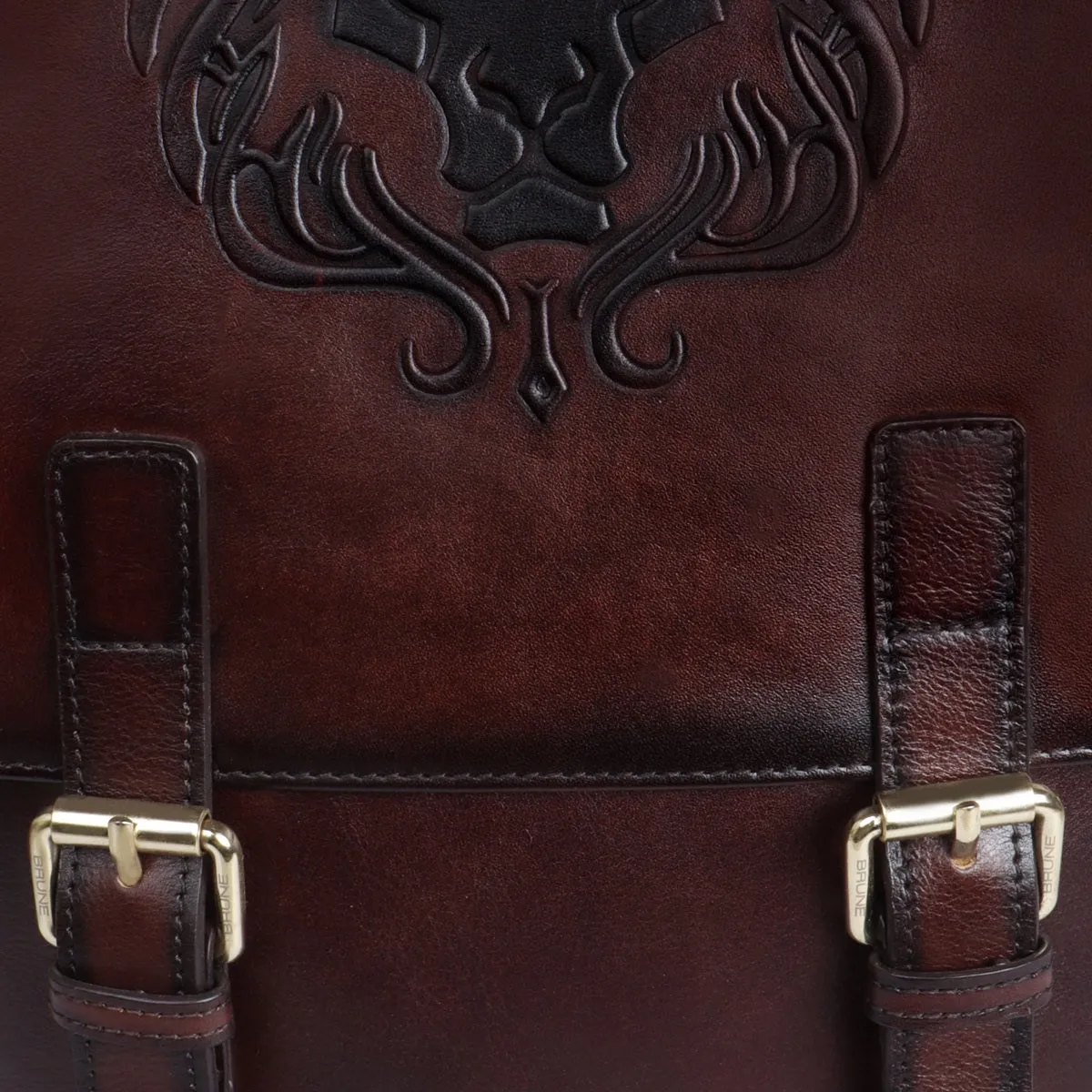 Flap Over Travel Backpack With Embossed Lion Dark Brown Leather