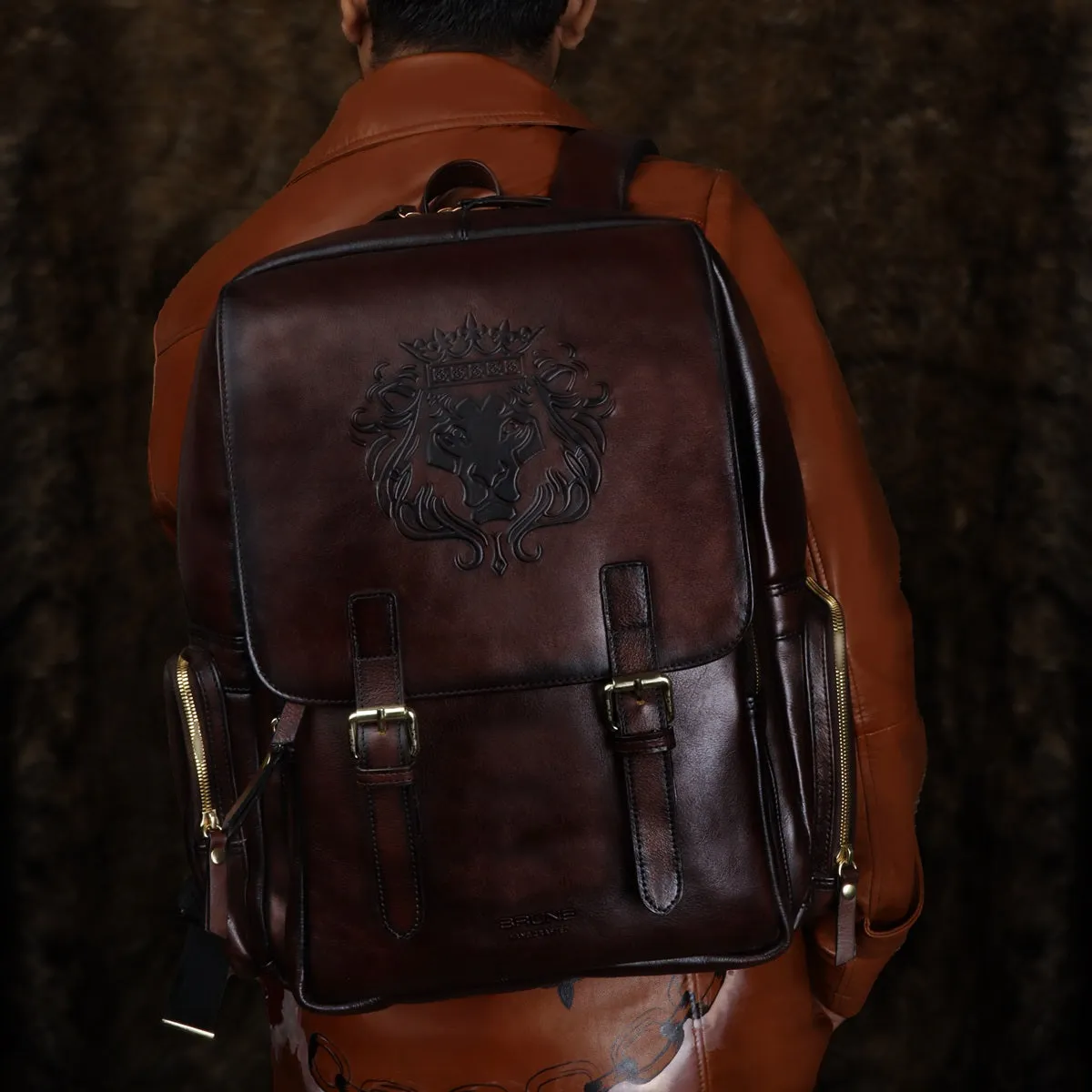 Flap Over Travel Backpack With Embossed Lion Dark Brown Leather