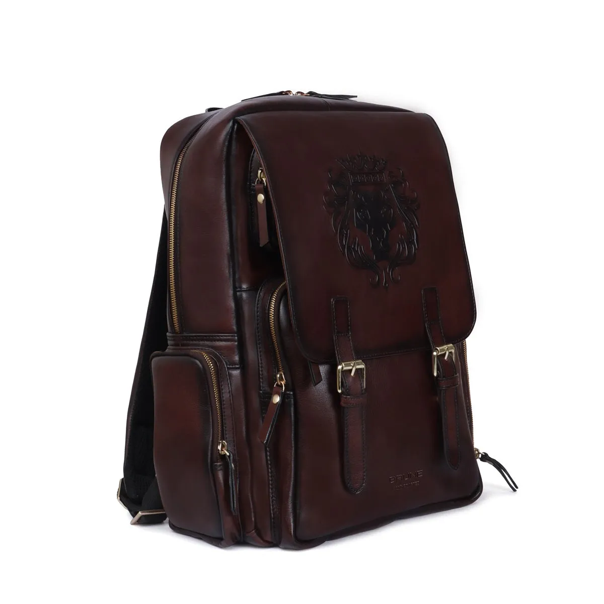 Flap Over Travel Backpack With Embossed Lion Dark Brown Leather