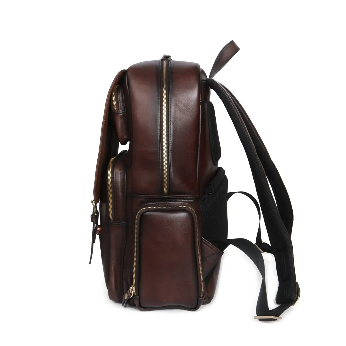 Flap Over Travel Backpack With Embossed Lion Dark Brown Leather