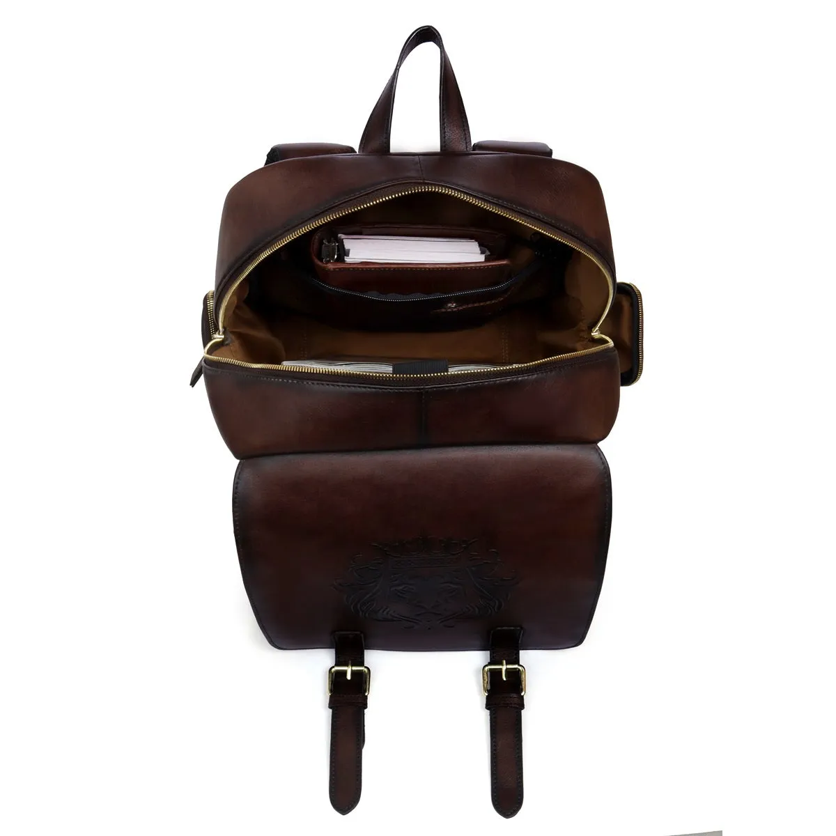 Flap Over Travel Backpack With Embossed Lion Dark Brown Leather