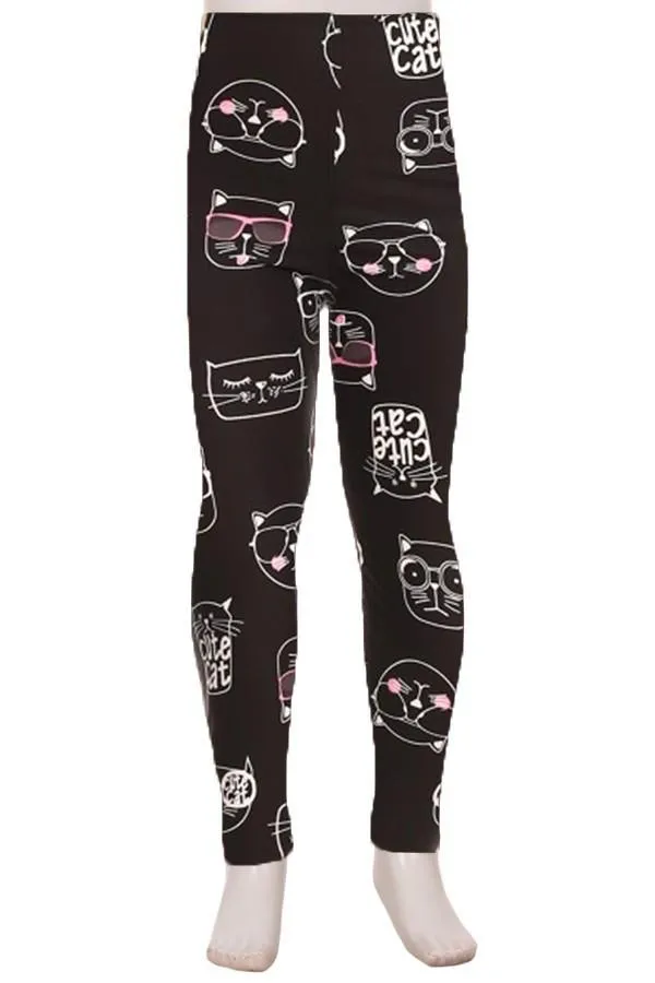 Girls Cat Leggings, Kids Yoga Pants, Sizes S/L, No-Roll Waist, Black/White