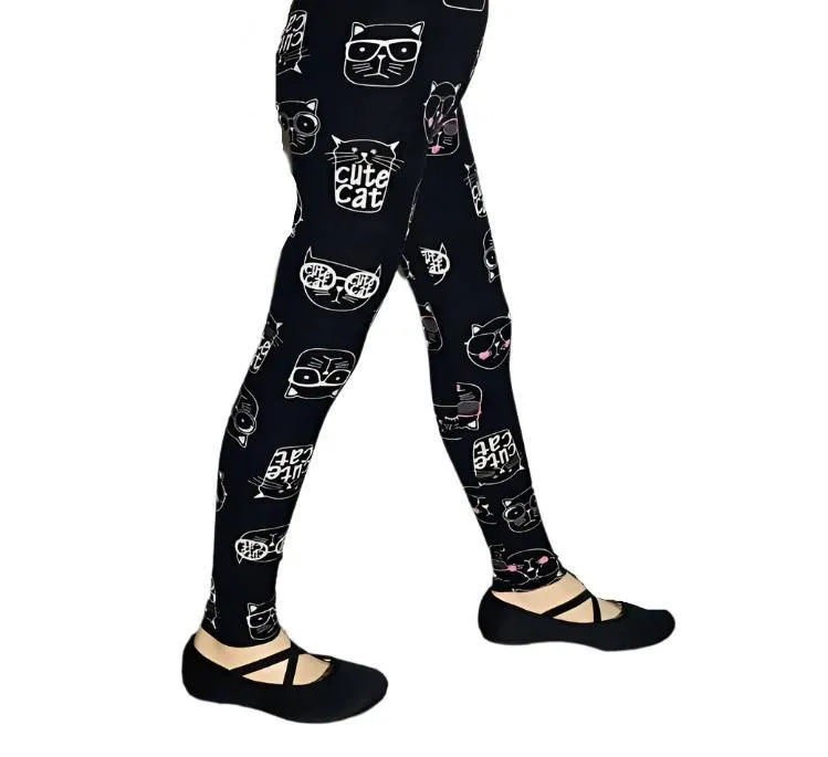 Girls Cat Leggings, Kids Yoga Pants, Sizes S/L, No-Roll Waist, Black/White