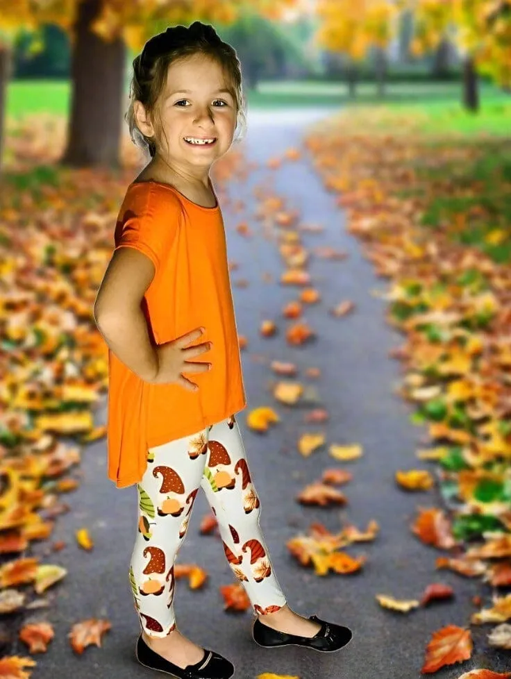 Girls Fall Gnome Pumpkin Leggings, Kids Yoga Pants, Sizes S/L, Yoga Waist, Gray/Orange, Exclusive Leggings