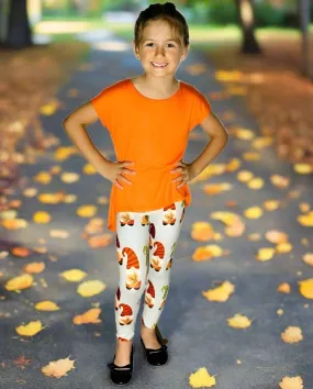 Girls Fall Gnome Pumpkin Leggings, Kids Yoga Pants, Sizes S/L, Yoga Waist, Gray/Orange, Exclusive Leggings