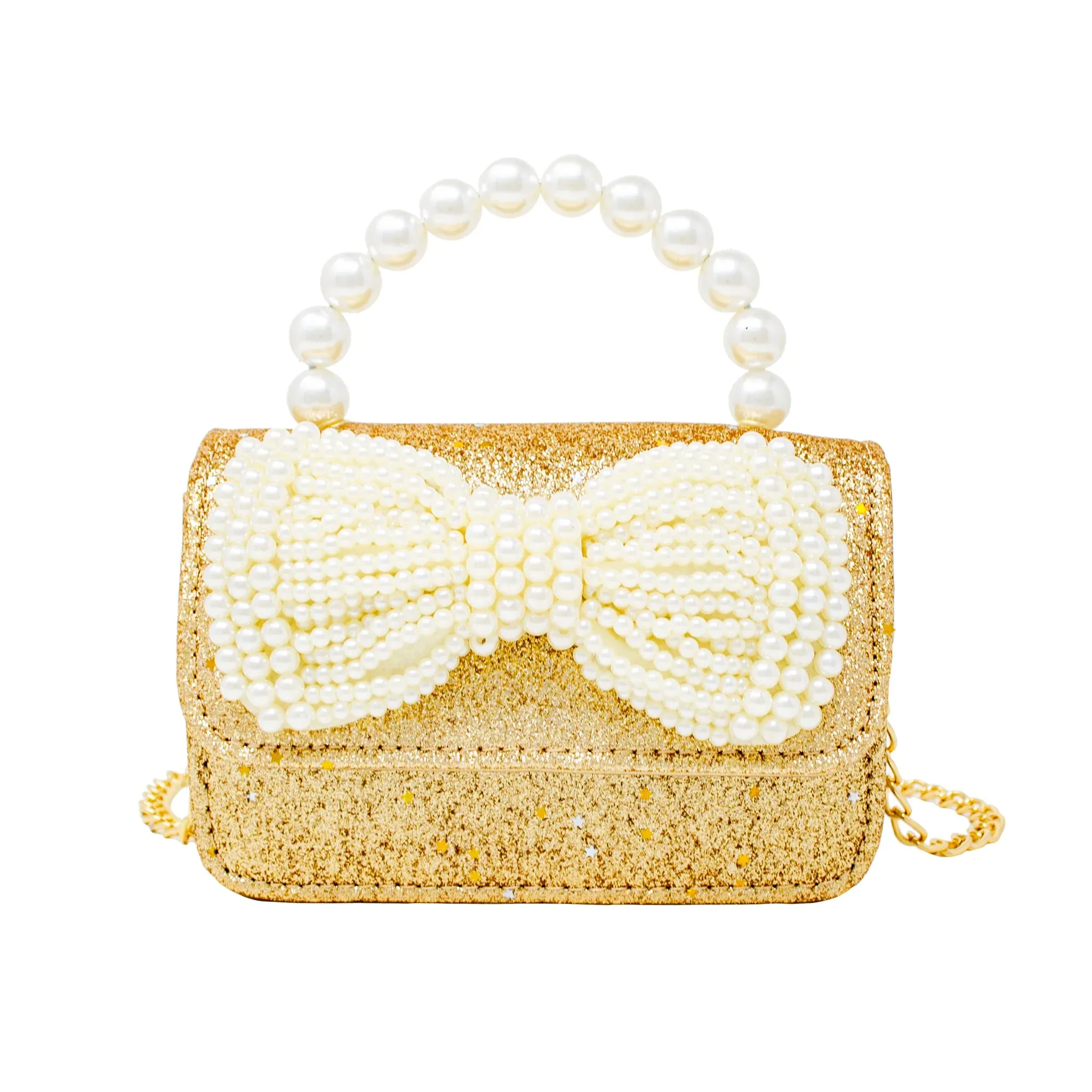 Glitter Pearl Handle Bow Purse / Gold