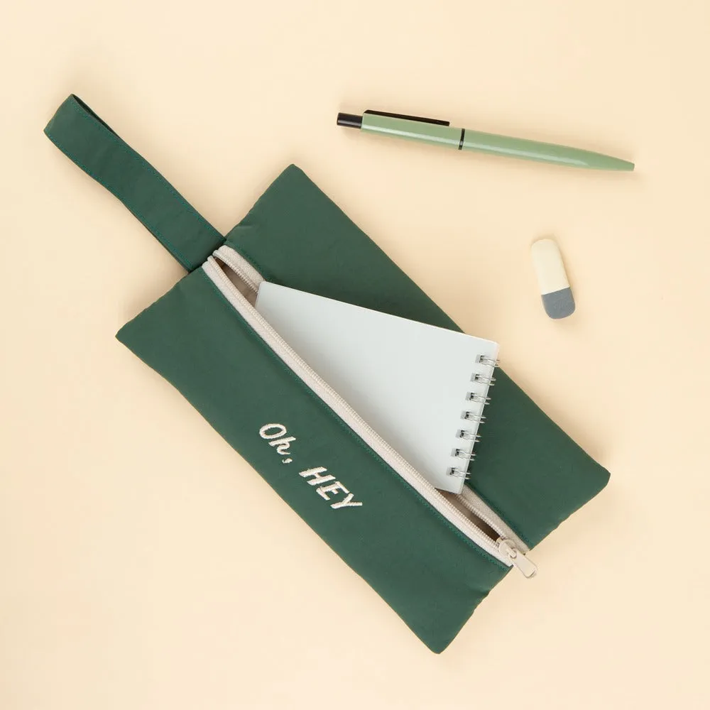 Green Oh Hey Typo Embroidery Airy Strap Pouches Slim Pencil Cases Ultra Light Stationery School Office Cosmetics Bags Gifts Bags