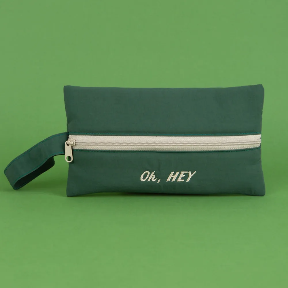 Green Oh Hey Typo Embroidery Airy Strap Pouches Slim Pencil Cases Ultra Light Stationery School Office Cosmetics Bags Gifts Bags