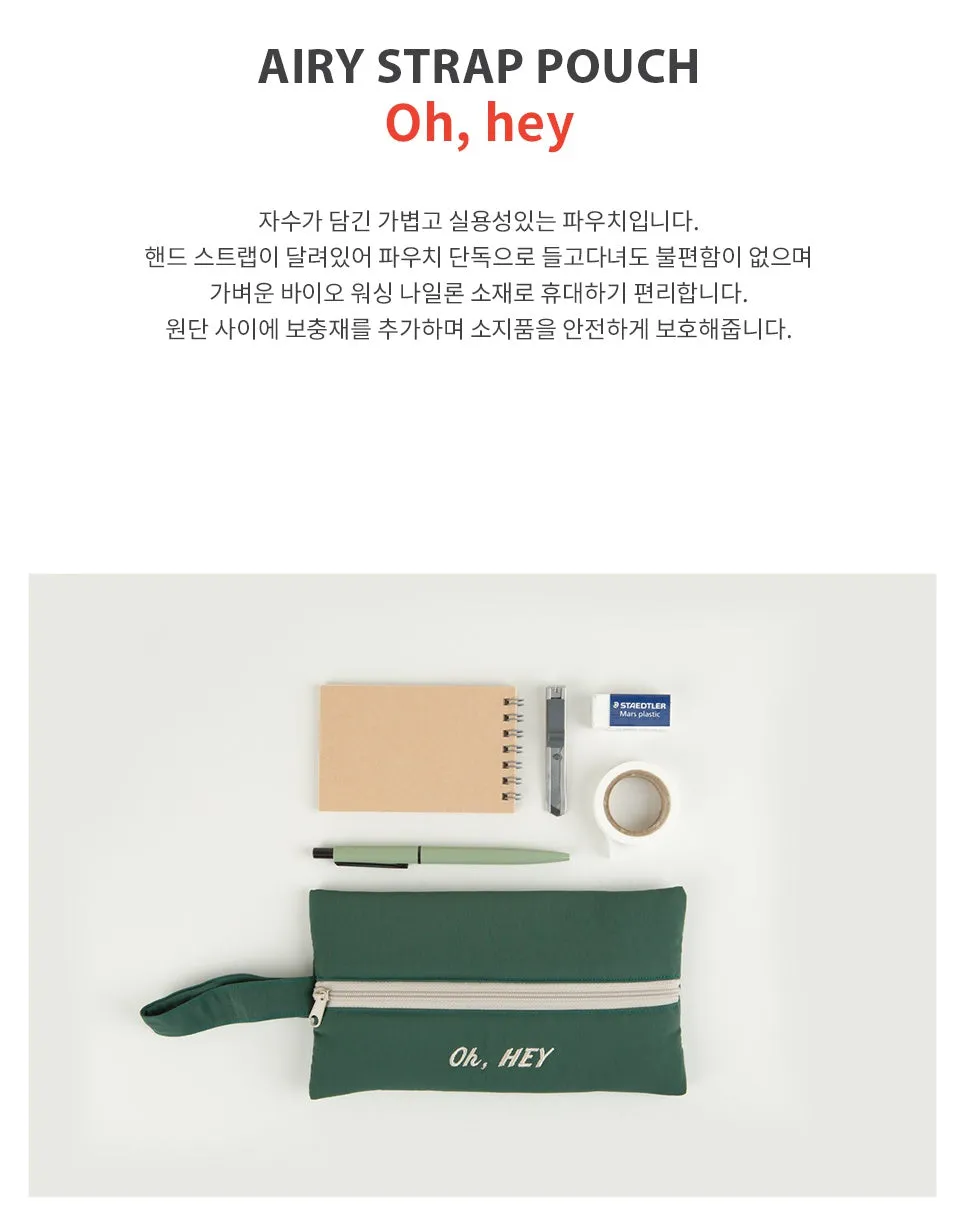 Green Oh Hey Typo Embroidery Airy Strap Pouches Slim Pencil Cases Ultra Light Stationery School Office Cosmetics Bags Gifts Bags